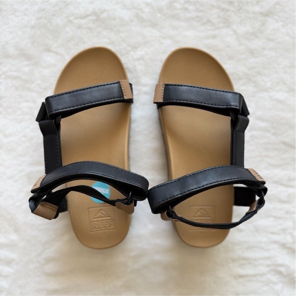 Reef Girls Black/Tan Adjustable Hook & Loop Flat Sandals Size 13